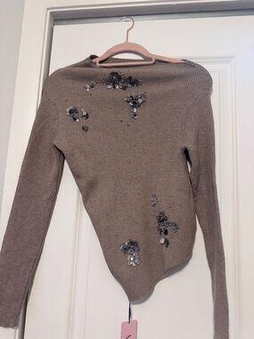 Embellished Off-the-Shoulder Taupe Sweater